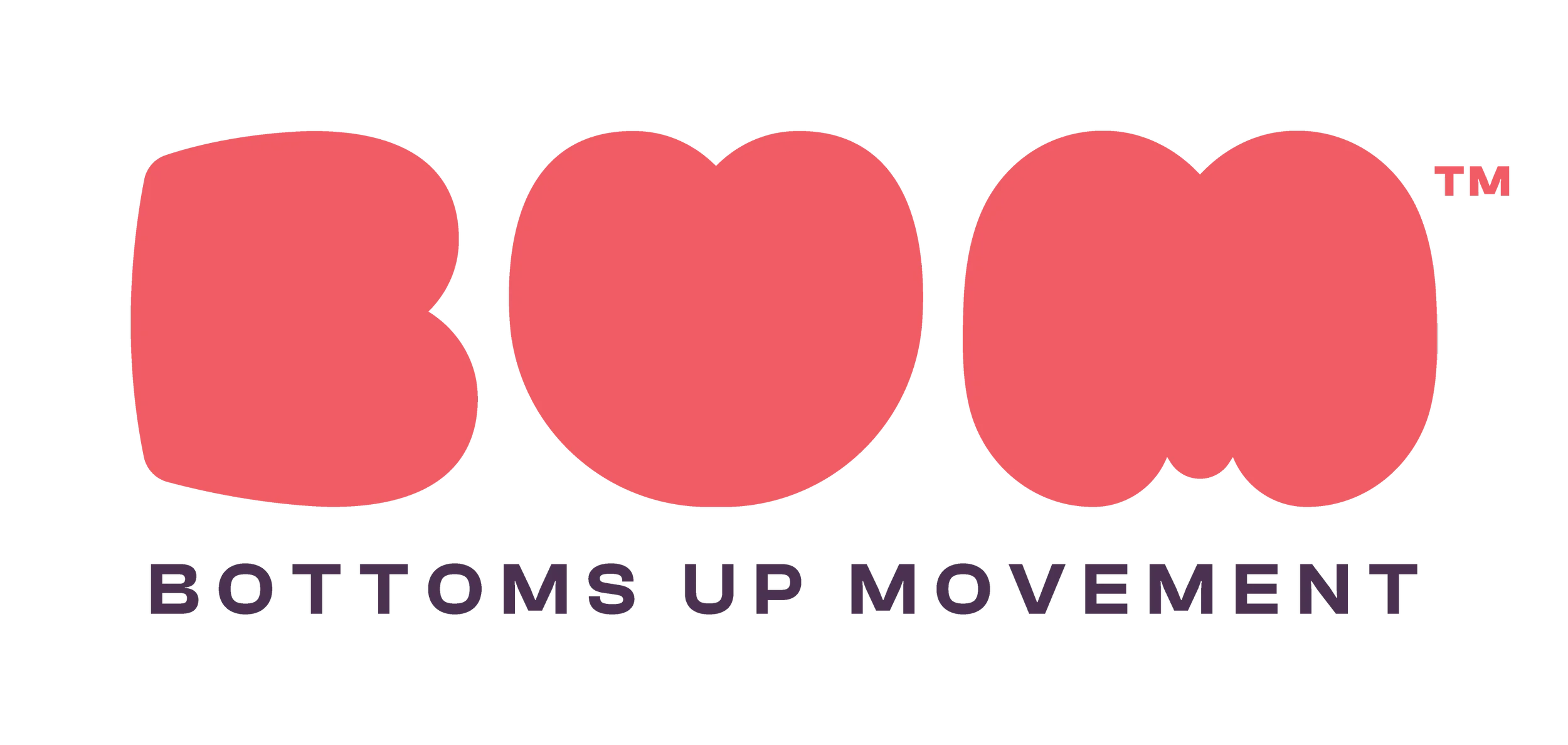 Logo for Bottoms Up Movement featuring stylized red shapes forming the words "Bottoms Up" and the phrase "BOM" underneath, with the words "BOTTOMS UP MOVEMENT" in purple below.