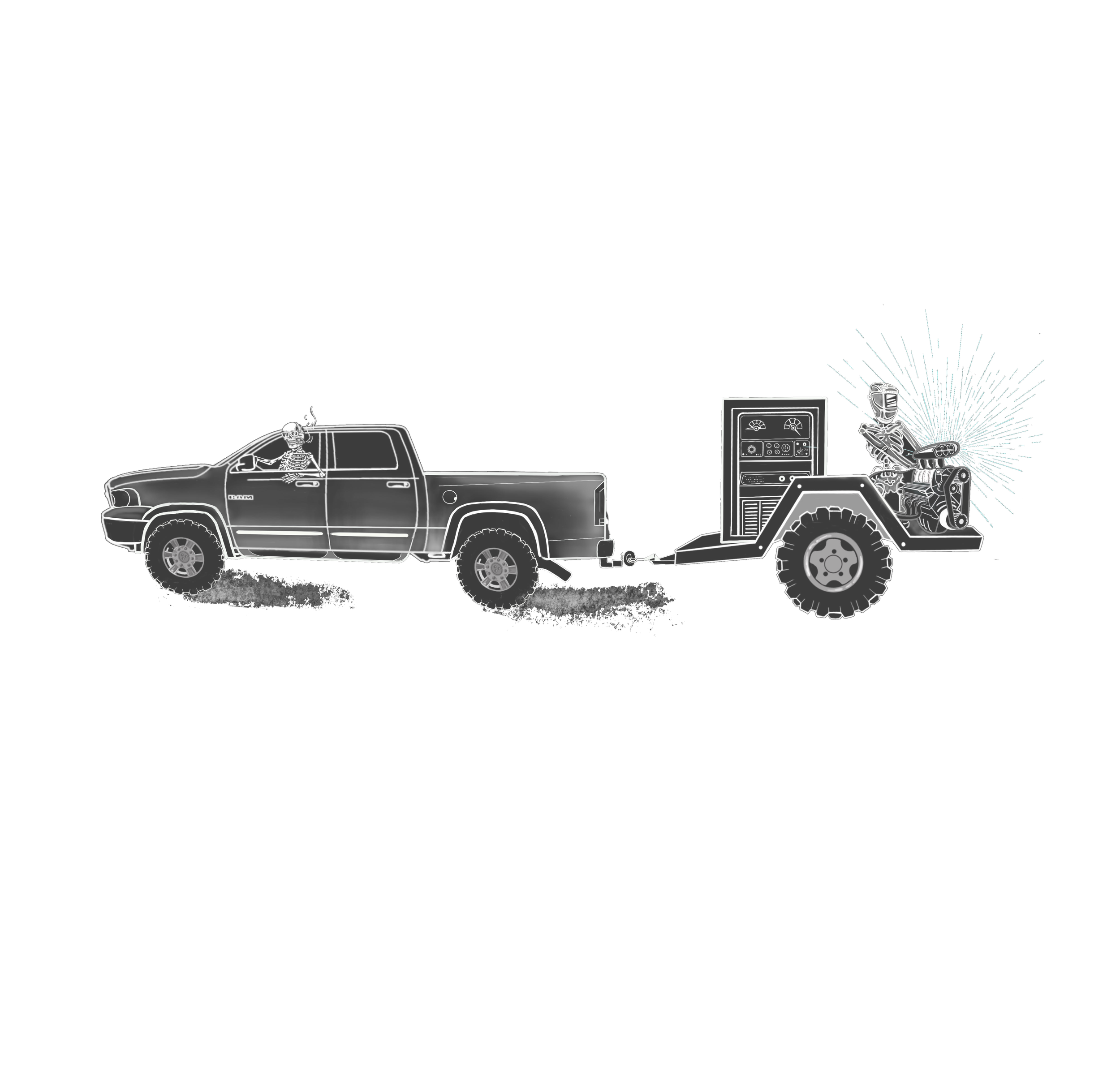 Black pickup truck pulling a trailer with a robotic skeleton riding a motorcycle with sparks and lines radiating behind it.