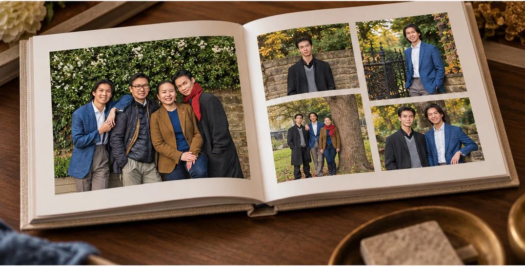 Open heirloom family photography album displaying multiple portraits of the Wei family, including parents, adult children, and individual family members.