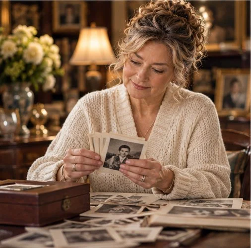 Virginia Anne admiring a large gold-framed portrait of children above a mantel, surrounded by smaller family photographs.