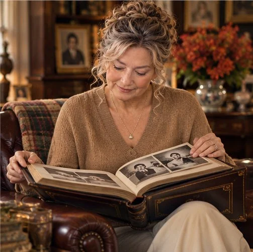 Virginia Anne examining vintage black-and-white family photographs spread across a table in a traditional den.