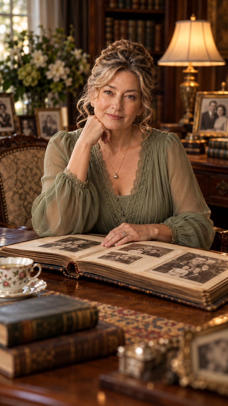 Virginia Anne seated at a table with an open family photograph album.