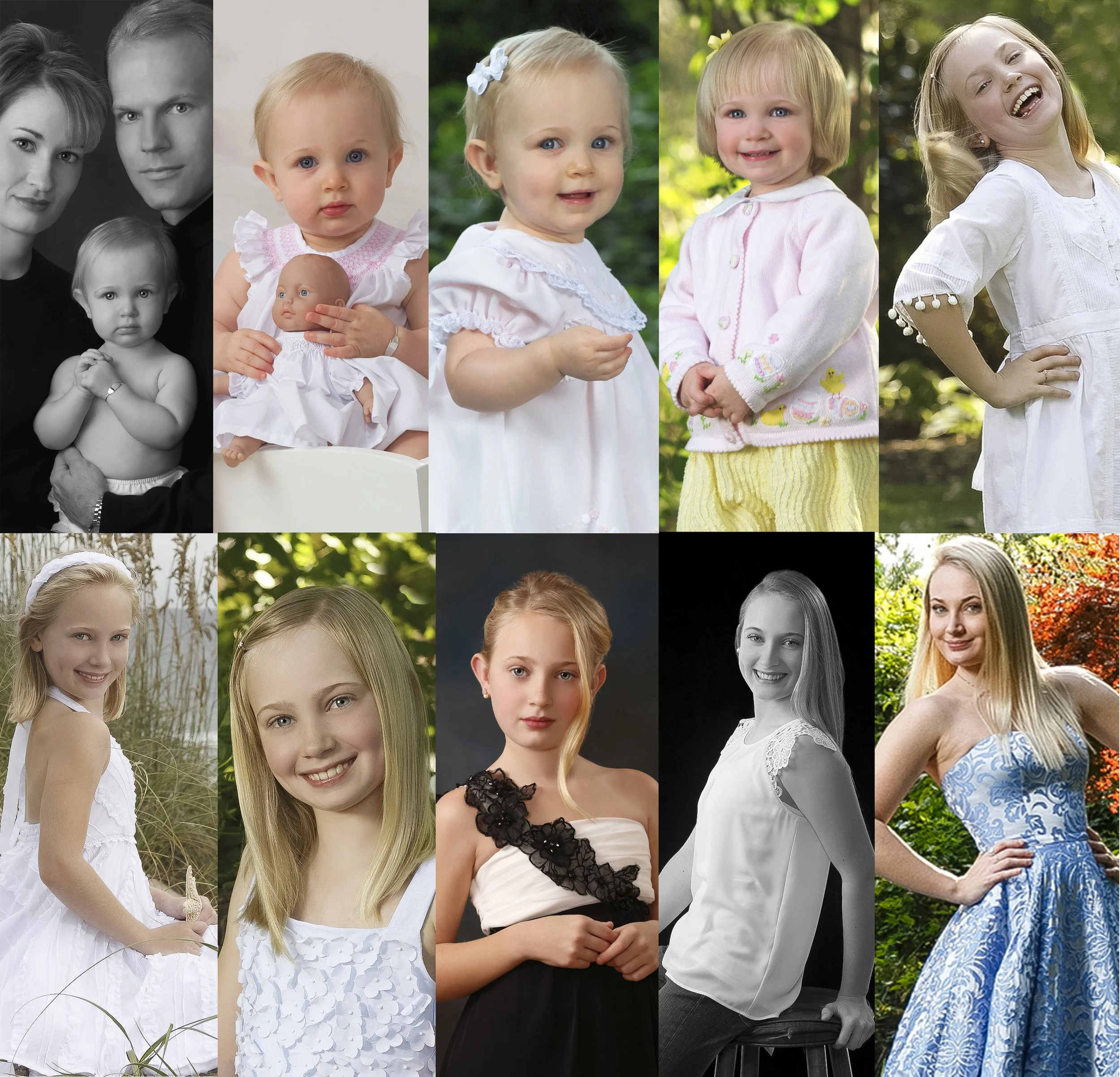 Ten Hayes & Fisk portraits showing the same girl growing from infancy through childhood and adolescence into young adulthood.