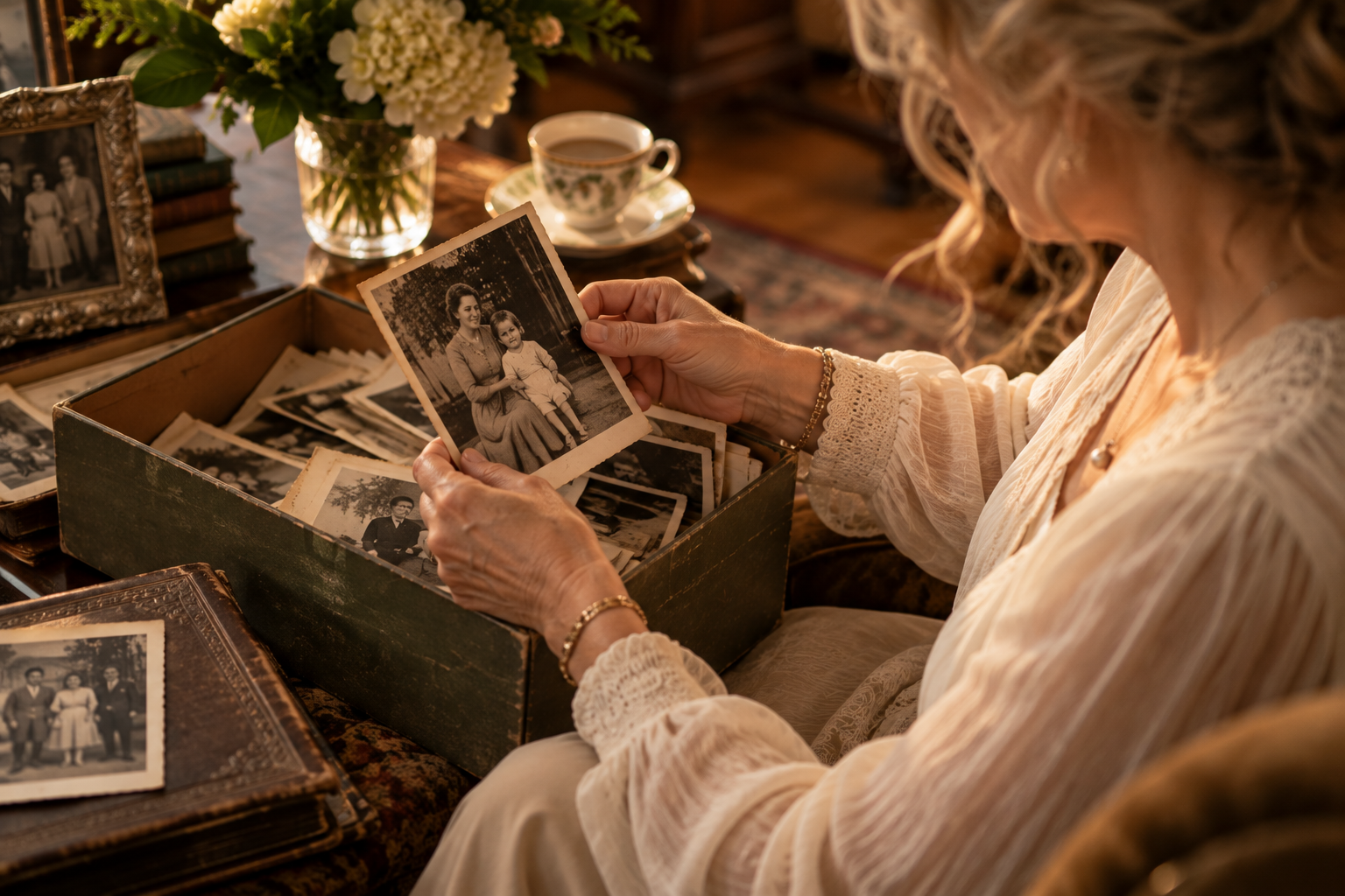 Woman holding an old family photograph while reflecting on the importance of family portraits.