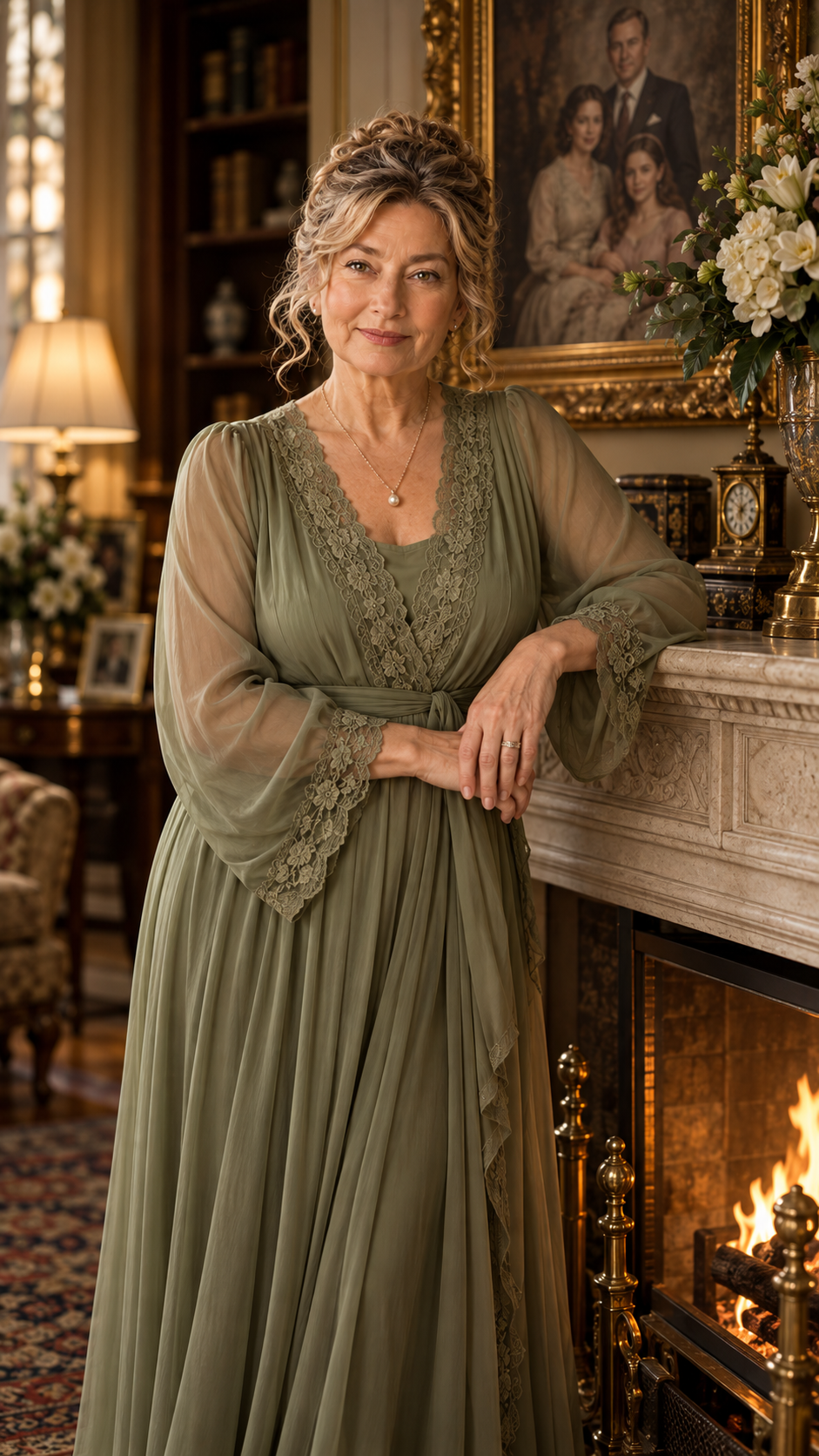 Virginia Anne standing beside a fireplace beneath a large framed family portrait.