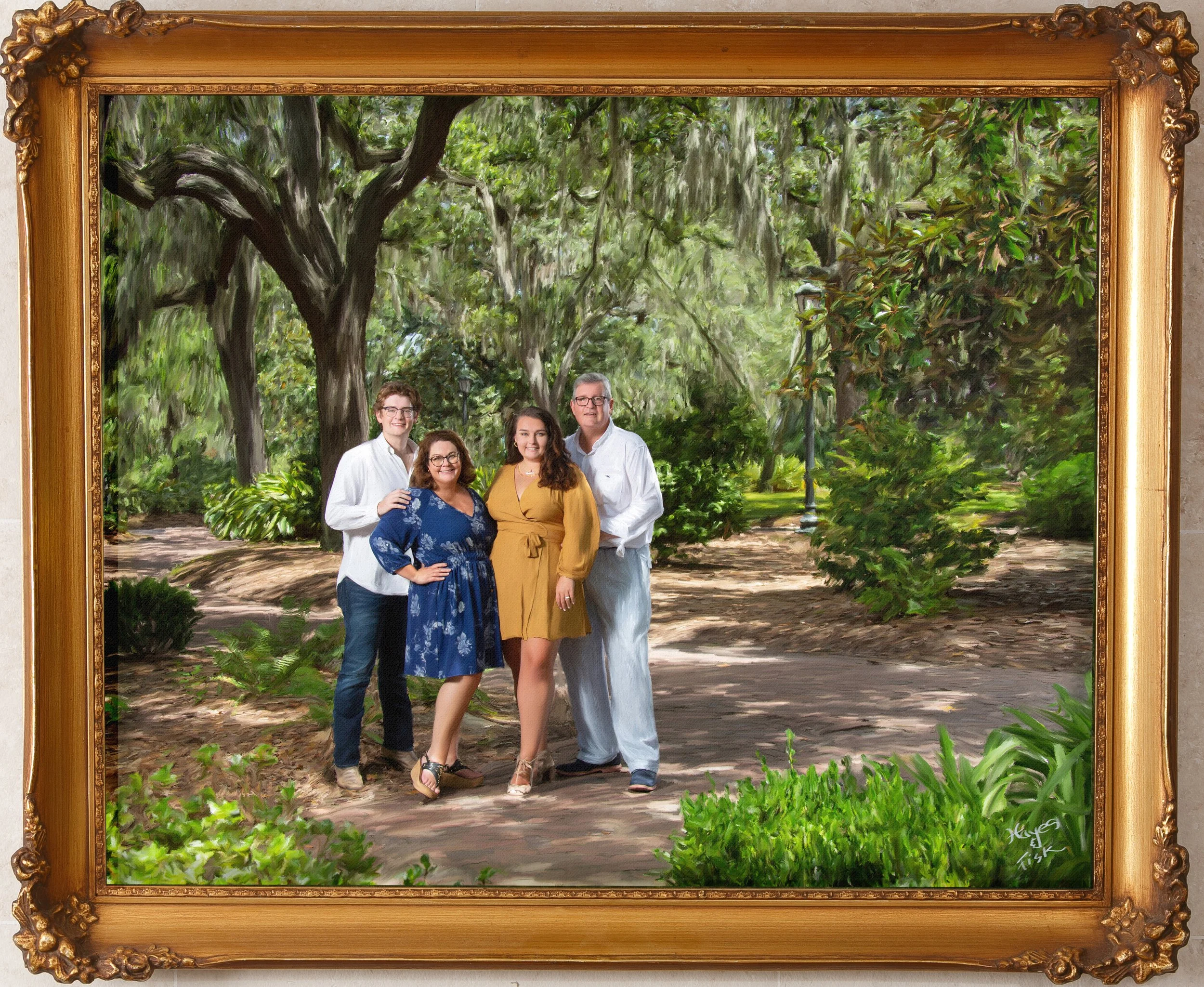 Framed painted family portrait of four family members standing together in a lush garden, created by Hayes & Fisk Photography in Richmond, Virginia.