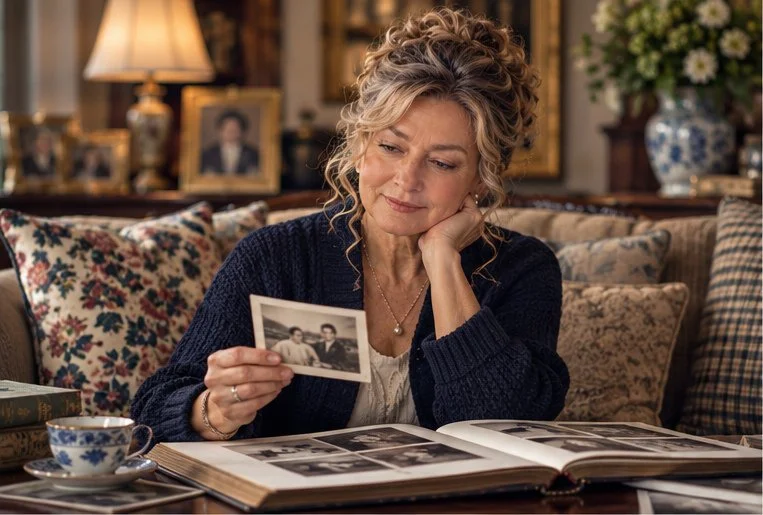 Virginia Anne looking at a small black-and-white family photograph beside an open portrait album in a warmly furnished den.