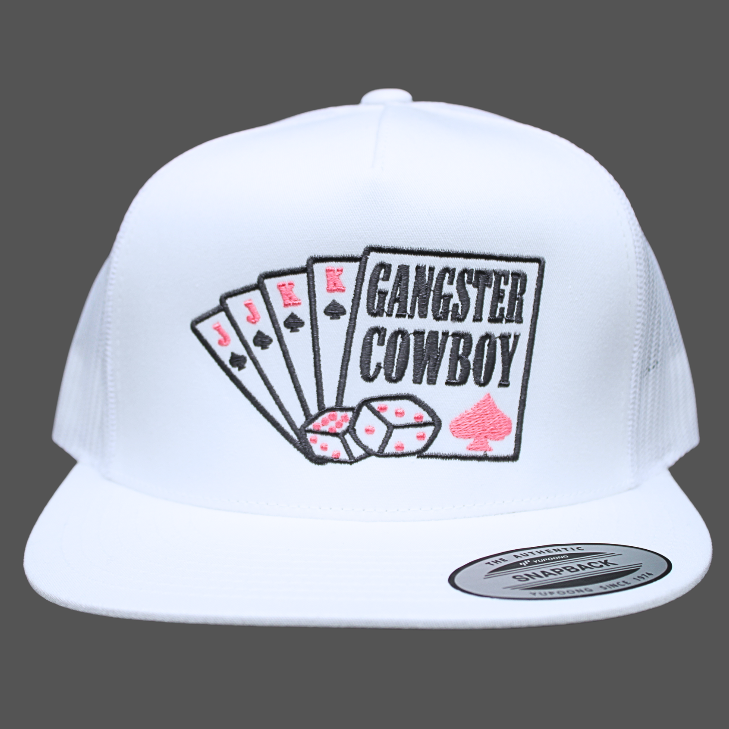 White Yupoong snapback hat featuring a grey and pink embroidered spade design with Gangster Cowboy branding. Clean western streetwear style.