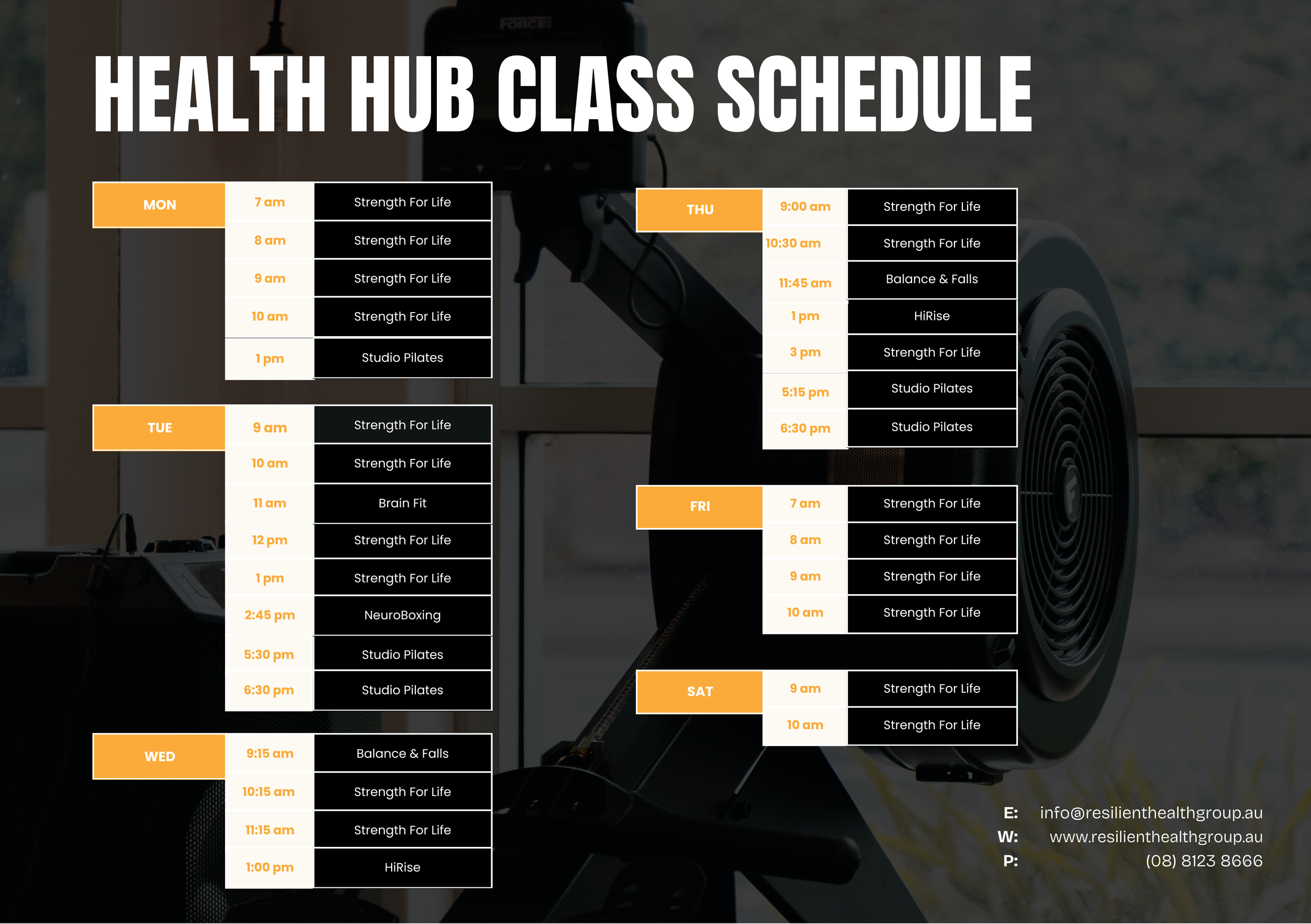 Schedule of weekly fitness classes for a health hub, including strength training, Pilates, and balance exercises, displayed in a tabular format with days of the week and times. Resilient Health Group, 226 Magill Road, Beulah Park SA 5067.