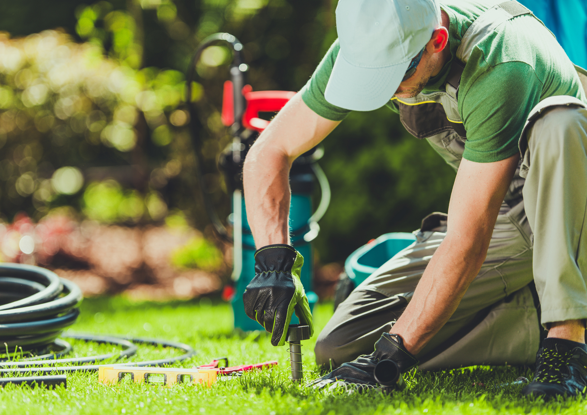 A person kneeling on the grass working on outdoor plumbing or irrigation, wearing gloves, a hat, & a green shirt, with gardening tools and hoses nearby. Resilient Health Group, 226 Magill Road, Beulah Park SA 5067. NDIS Gardening Maintenance Adelaide