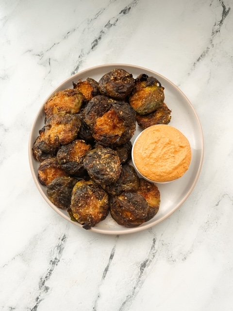 SMASHED BRUSSELS SPROUTS with homemade chipotle mayo