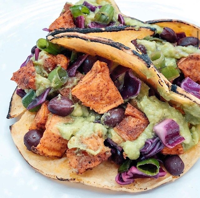 loaded roasted sweet potato & black bean tacos