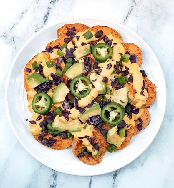 loaded sweet potato nachos with vegan queso