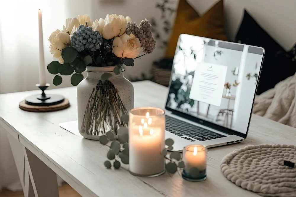 A white table with a large floral arrangement in a ceramic vase, three lit candles, a laptop, a knitted mat, and a candle holder with a lit candle. In the background, there is a candle holder with a tall candle on a dark base.