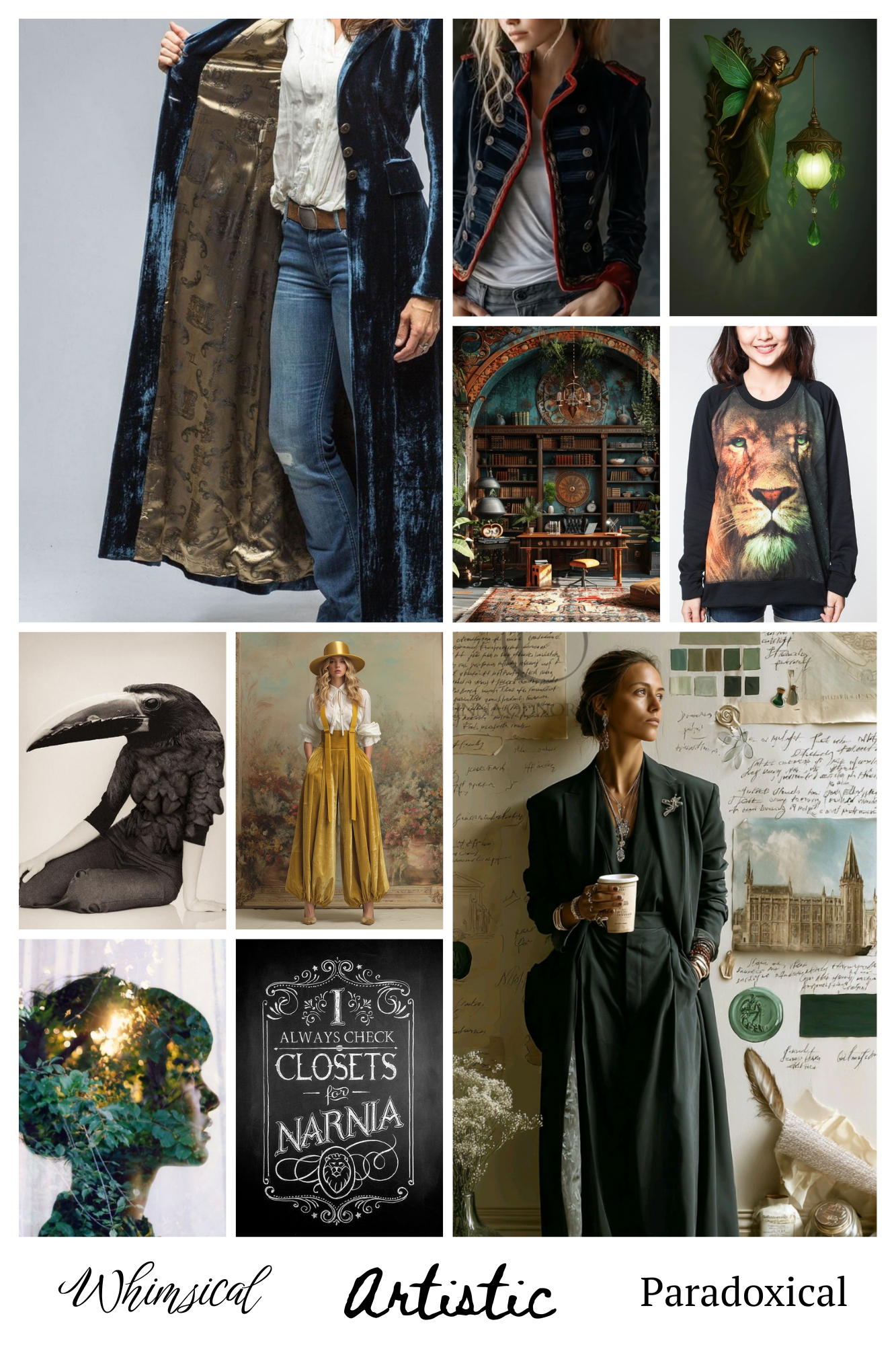 A collage of artistic and whimsical images including people in unique clothing, a vintage library, a lion hoodie, a book quote, and artistic portraits. The words "Whimsical," "Artistic," and "Paradoxical" are written at the bottom.