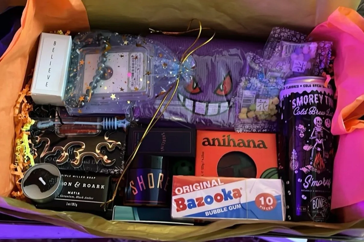 Whimsical Halloween Signature Box with Anihana Watermelon soap, Fulton and Roark mini soap, BONES Smorey Time Latte, Shoreline body butter, Hematite Bracelet, Genuine Los Campos Meteorite, Gengar beanie, tea lights, Bazooka Gum, spell box and more.