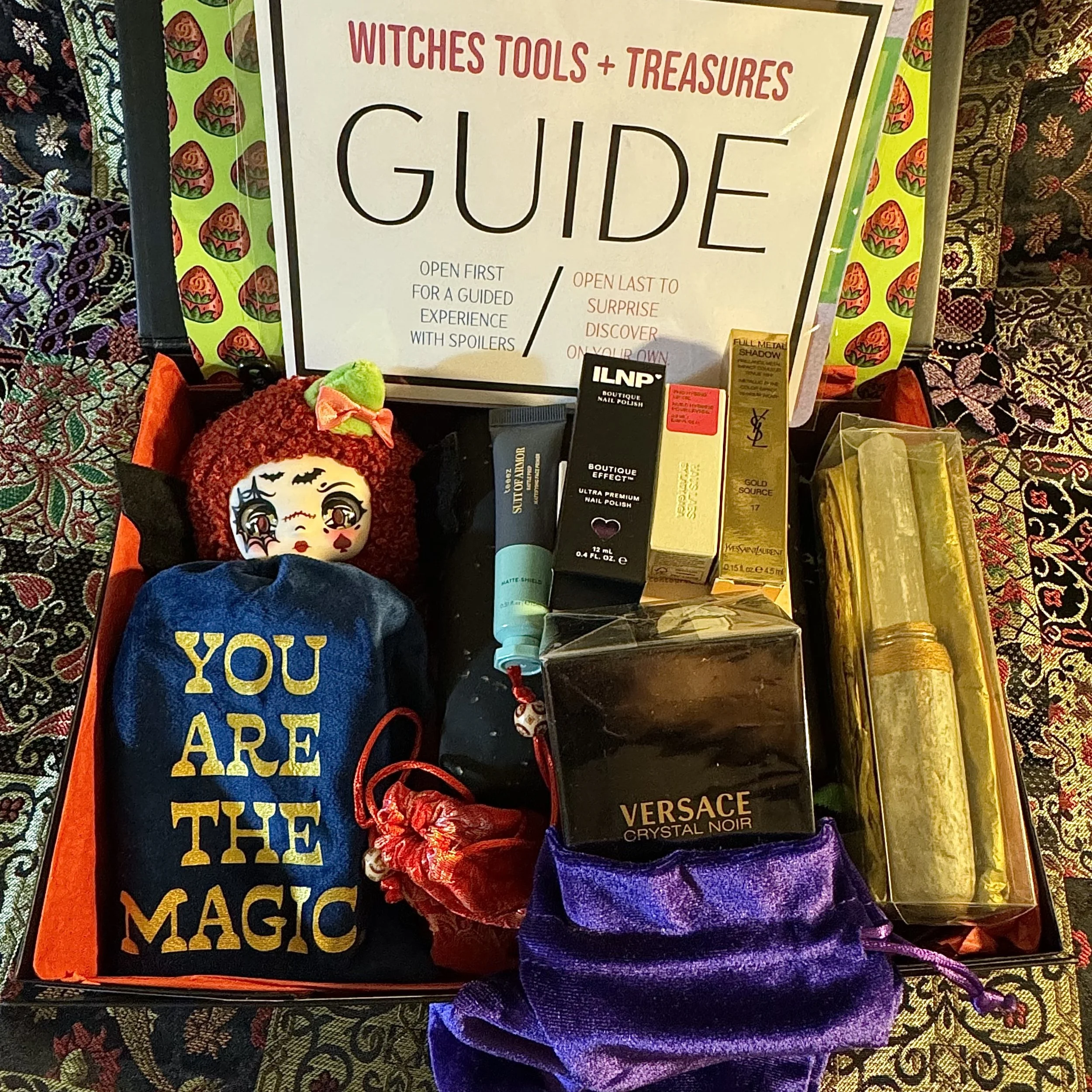 Luxury Witchy Box No. 2 with Qveen Herby oracle deck, Handmade crystal and silver wand, polish, lip oil, eyeshadow, and handmade, hand poured ceramic sea salt black scrying candle.