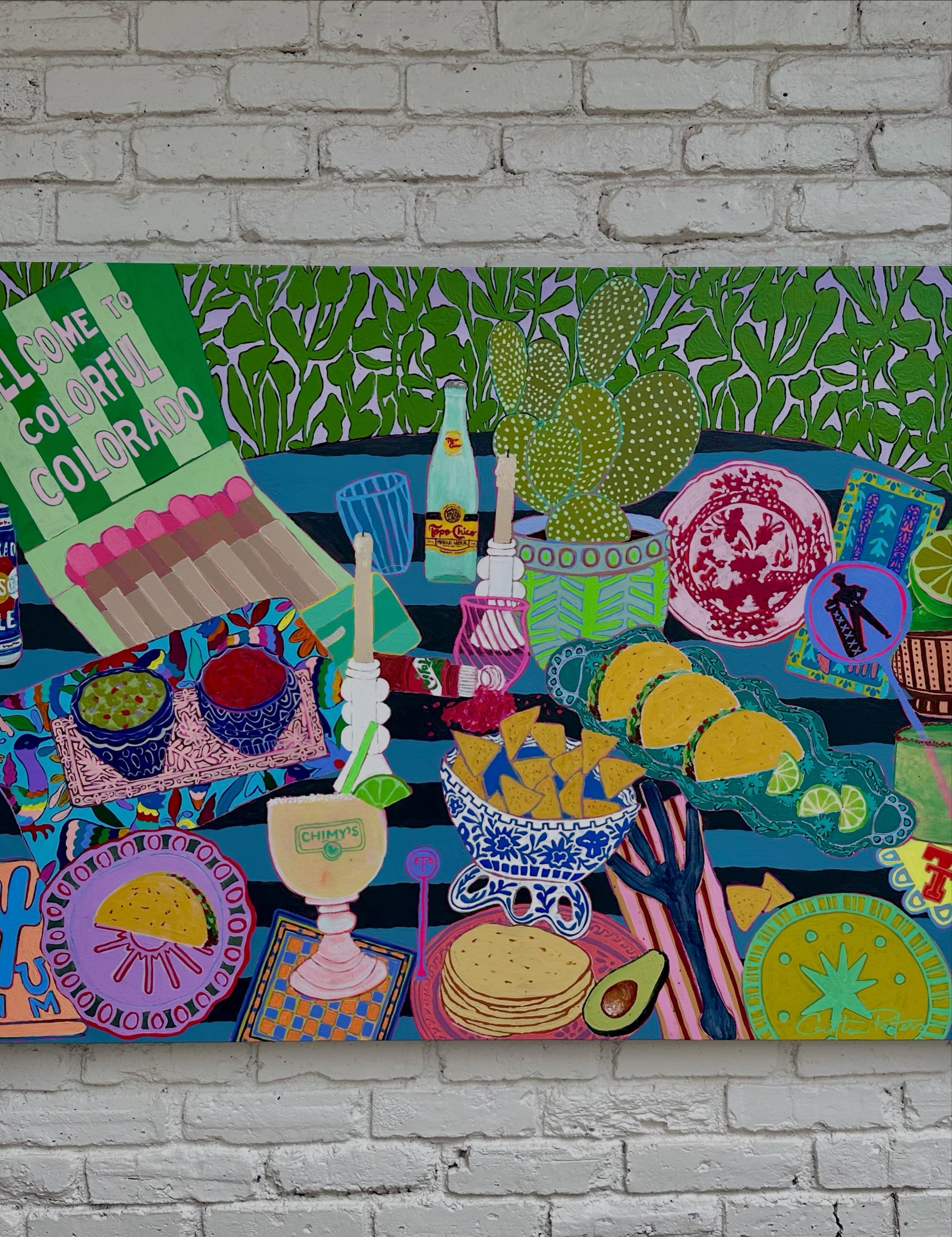 Soir&eacute;e Out West 🌵🍹

A custom commissioned still life created for a fun family, featuring a vibrant Mexican feast, and lots of personal details woven throughout&mdash; Texas Tech, a favorite Durango beer, &ldquo;Welcome to Colorado&ldquo; mat