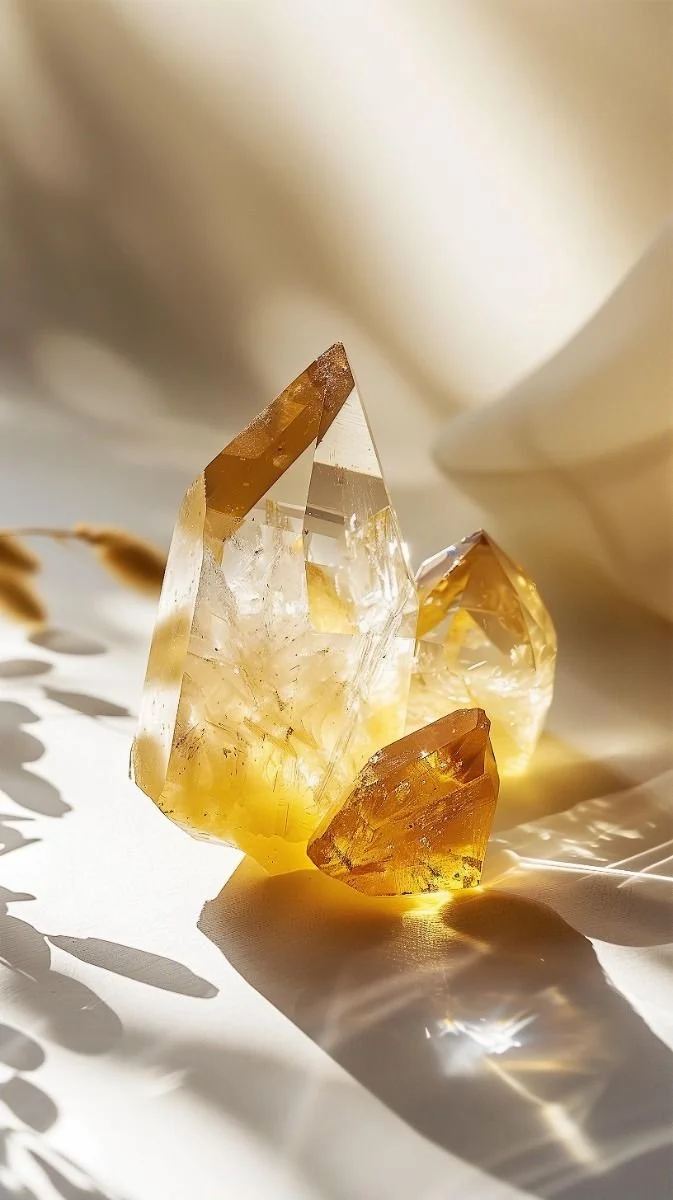 Three transparent yellow citrine crystals on white background.jpeg