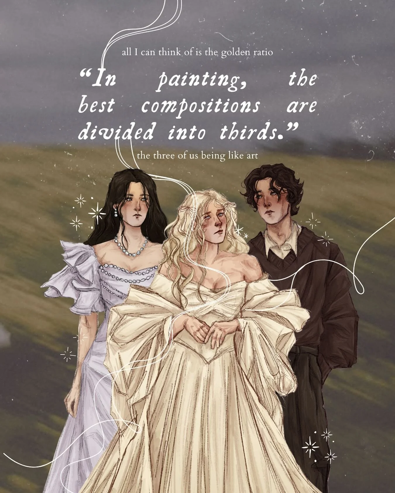 The golden ratio 🦢🪽🤍
I’m back to share more art by the talented @_.starry.knights._ of the three main characters from my flower-threaded horror, TENDERLY, I AM DEVOURED
The polyamorous romance between Lark, Alastair and Camille is one of m