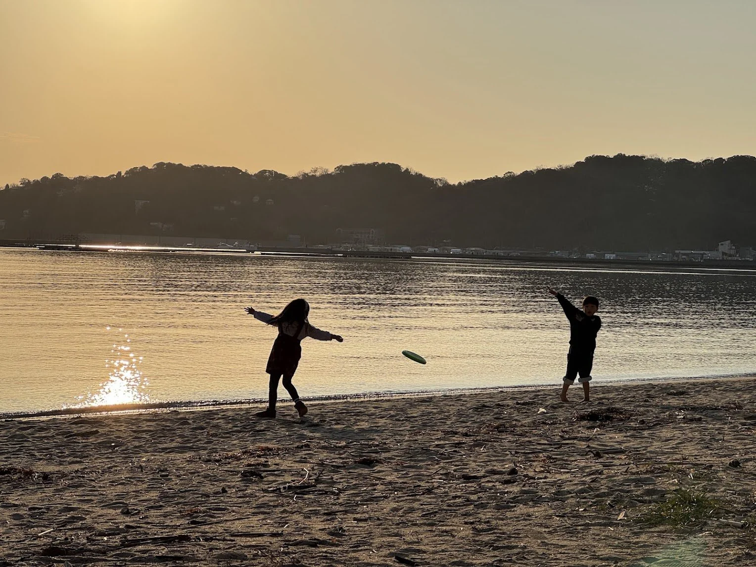 夕暮れ時の海辺で遊ぶ二人の子供たち。左の子供はフリスビーを投げており、右の子供は止めている。背景には山と静かな水面が広がる風景。