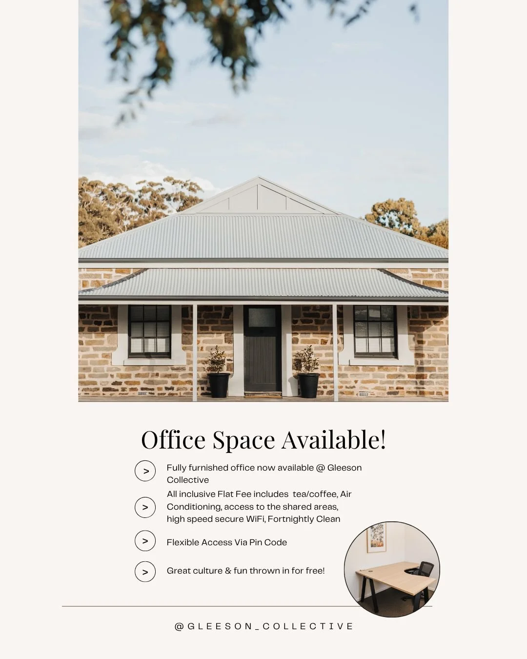 DM for a pricing and terms! Or book a tour to look at the space. work@gleesoncollective.com.au 

#gleesoncollective #clarevalleysa #ComfortAndCommunity #shopclarevalley #ClareValleyBusiness #businesssa #gleesoncoworking #SAGovernment #coworkinglife #