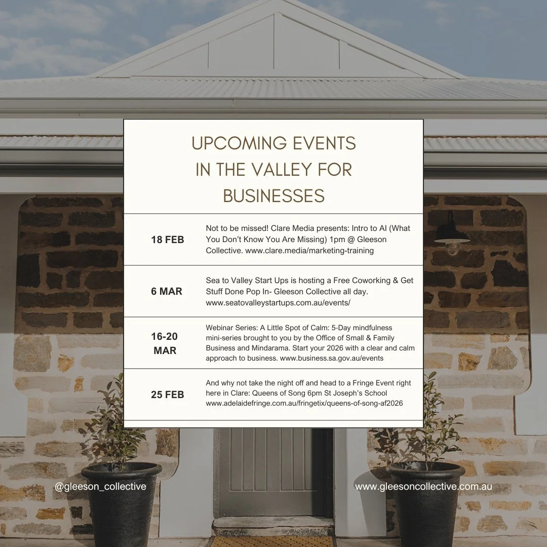 Start your year by investing in yourself! 

#coworkinglife #communityfirst #southaustralia #smallbusinessowner #GleesonCoworking #claresa #startup #newbusiness #StartHerScholarship #business #work #WomenInRuralBusiness #worklife #workfromhome #cowork