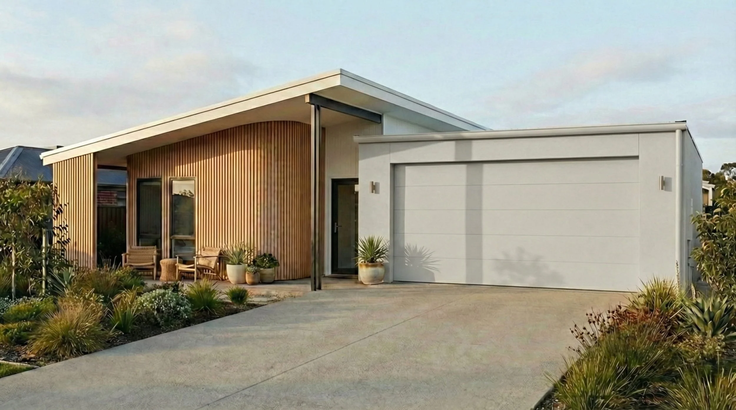 Modern house with a wood-paneled curved front and white garage door, with outdoor seating and potted plants near the entrance, surrounded by desert-style landscaping.