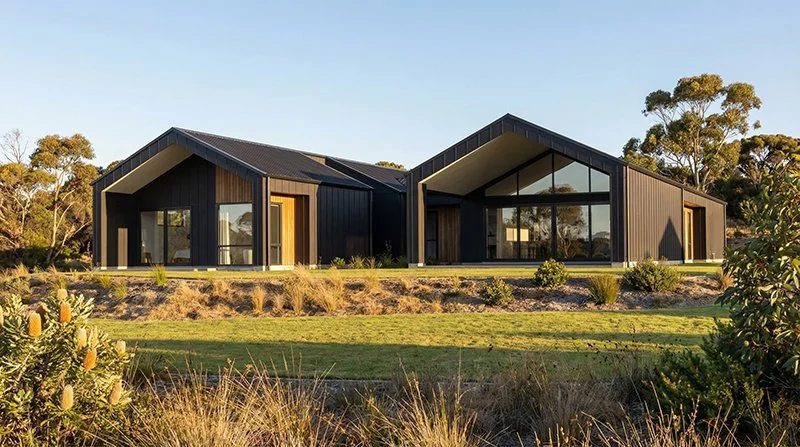 A modern black house with large glass windows on a grassy landscape surrounded by trees.