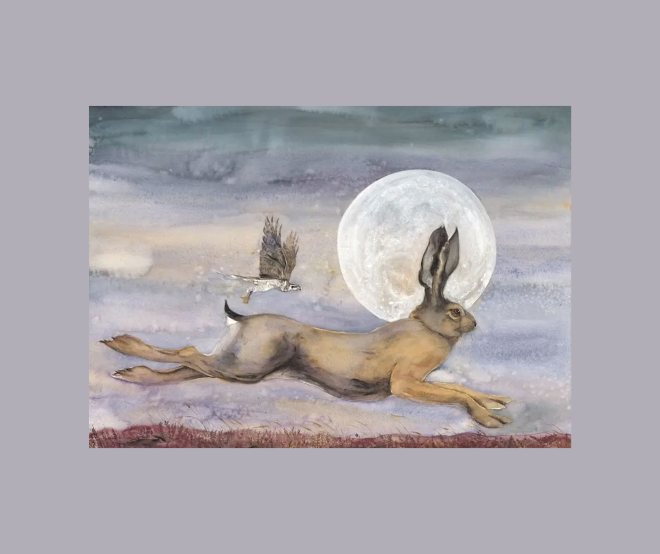 Shape Shifter illustration by Jackie Morris. A wash of twilit heather moor falls away beneath a hare’s running feet - while above sail a goshawk and a great Harvest Moon.