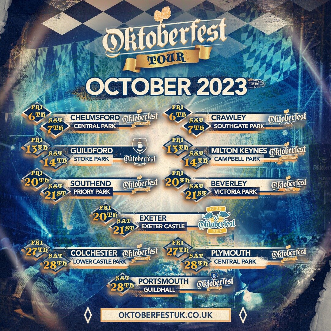 ⚡OKTOBERFEST 2023 UK TOUR DATES ⚡

We are hitting as many different locations as we can this year, to try and bring the Bavarian fun to everyone!! 🍻🕺

We can&rsquo;t wait to stomp, dance, sing and drink with you all!! 

If you see a location near y