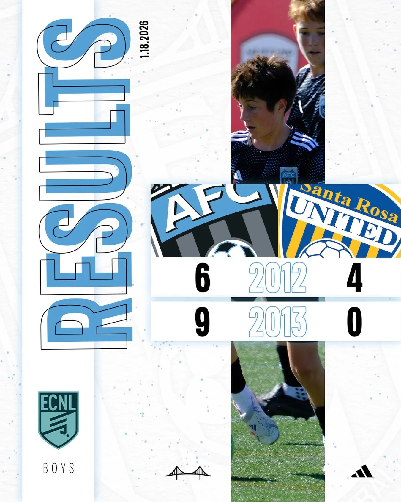 ECNL road results from January 18th in Santa Rosa.

2013 Boys 9&ndash;0 victory

2012 Boys 6&ndash;4 victory

Two teams. Two wins. Big performances away from home. Excellent display of the effort, mentality, and quality.

#AssociationFC #ECNL #RoadWi