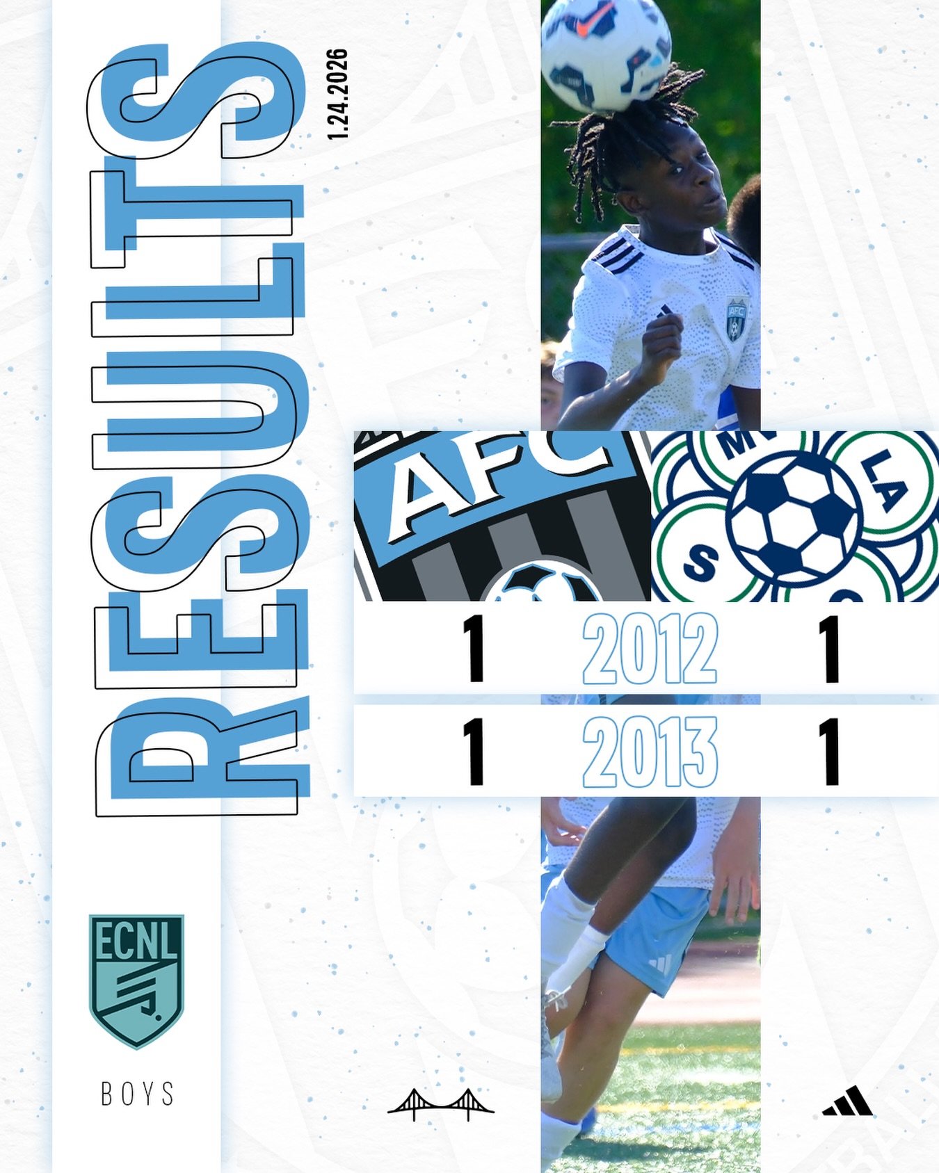 ECNL boys 2013 &amp; 2012 boys both draw 1-1 on the road January 24th in Mountain View.

#ecnl #afc #results