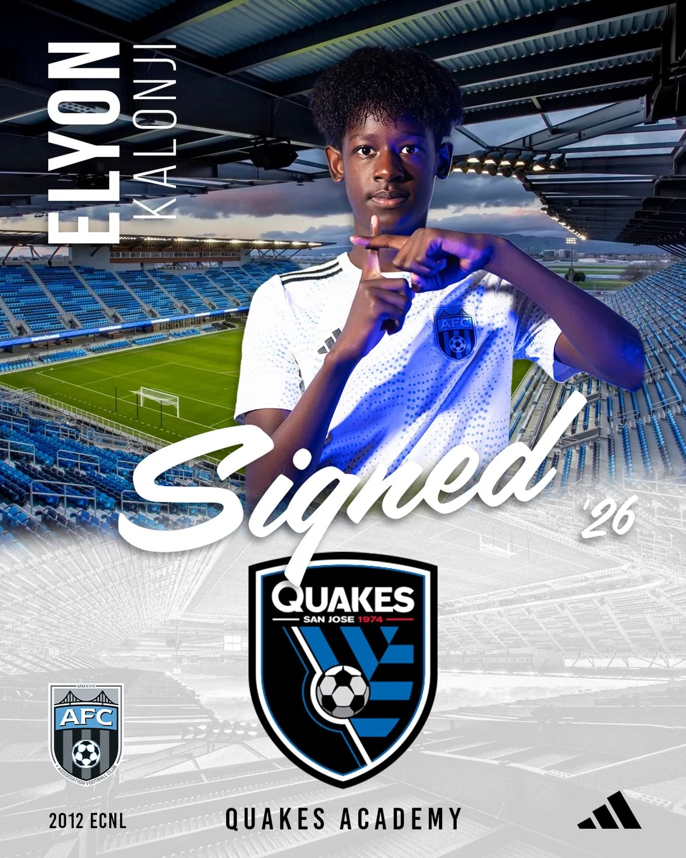 AFC and Coach Dave Barrett are extremely proud to announce that Elyon Kalonji has officially signed with the San Jose Earthquakes Academy

Elyon&rsquo;s journey is a reflection of years of hard work, dedication, sacrifice, and perseverance. We&rsquo;