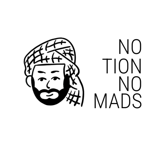 Een zwart-wit illustratie van een man met een hoofddoek en baard, met de tekst 'No Nods, No Mads' ernaast.