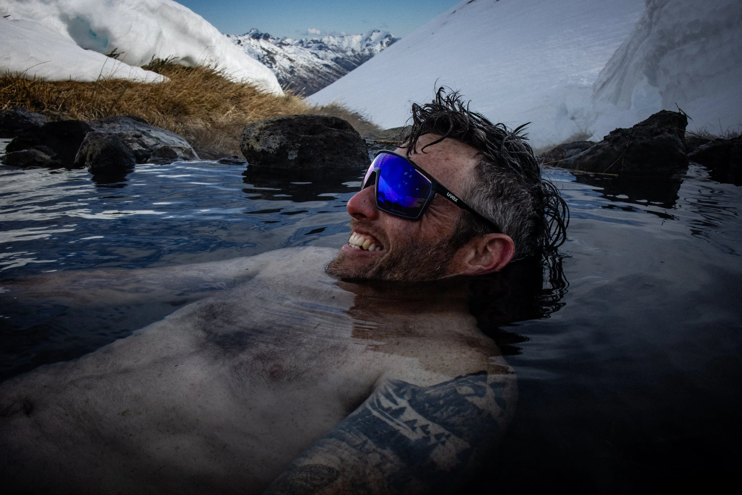 Backcountry skiing to hot springs in Chile