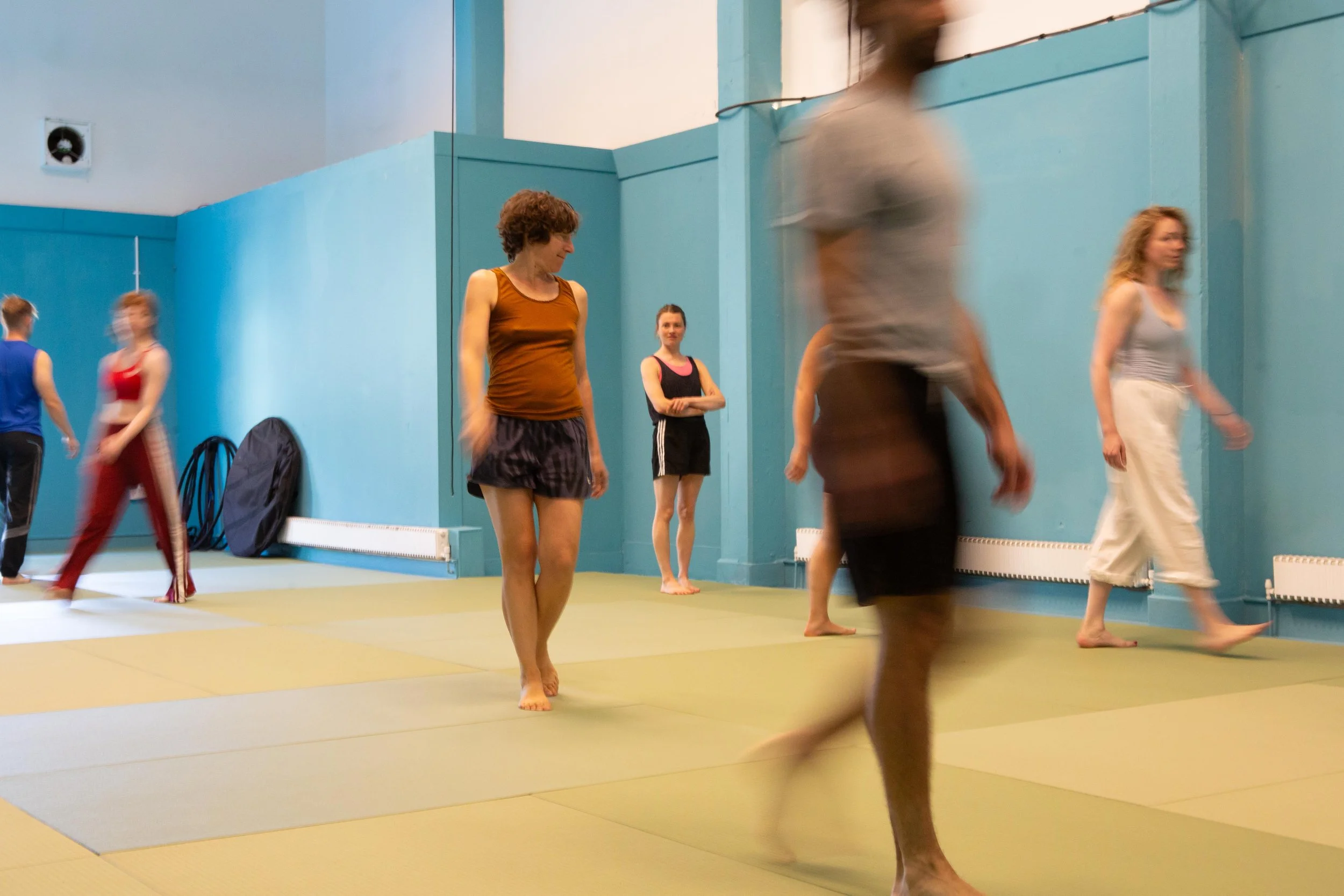 Group of people practicing martial arts or dance in a blue-walled gym with foam mats on the floor. Some participants are moving, while others are standing still, observing or waiting.