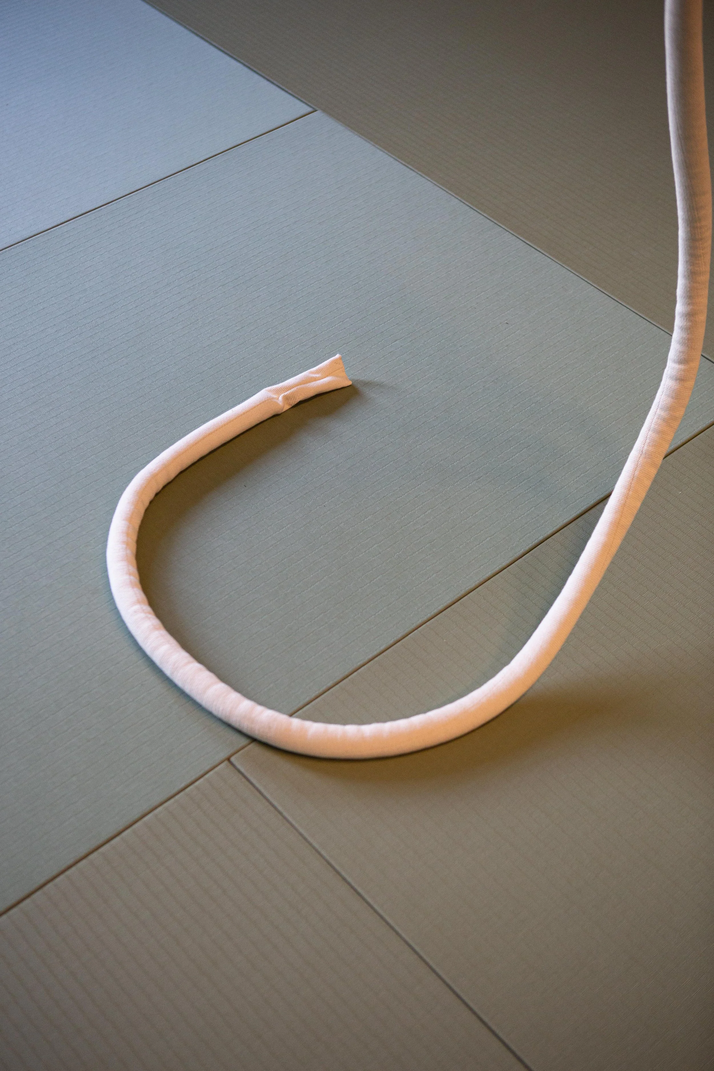 A close-up view of a white martial arts belt lying on a green tatami mat, with part of the belt hanging off the edge of the mat.
