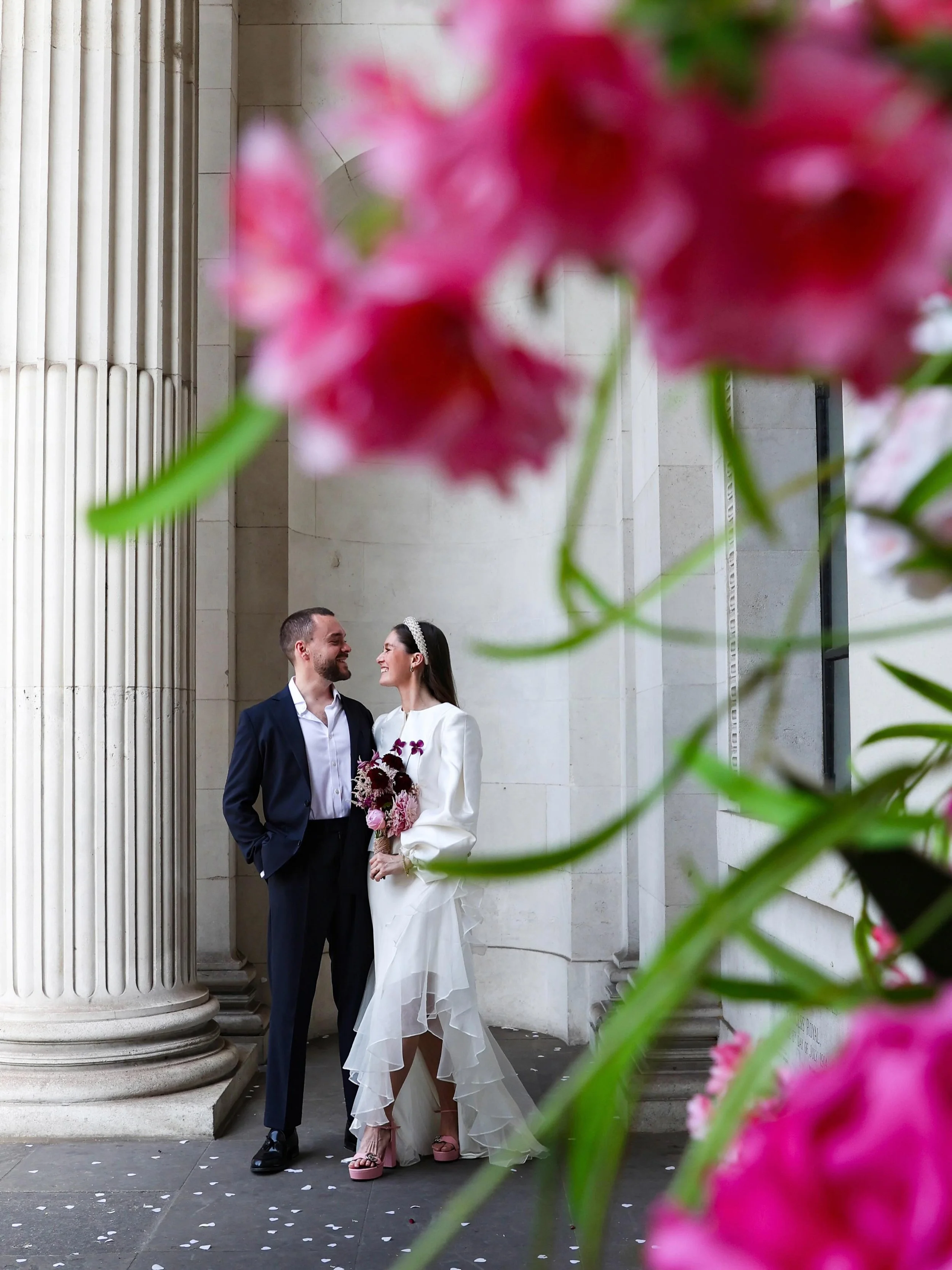 🌺Hannah and Joe&rsquo;s wedding ceremony at Marylebone town hall on the 22nd of June!🌺

Venue: @oldmarylebonetownhallweddings 
Flowers: @serv.world 
Dress: @sir__ 
Jacket: @bymalina 
Shoes: @gucci 
Suit: @lestrangelondon 
Photographer: @soph__studi