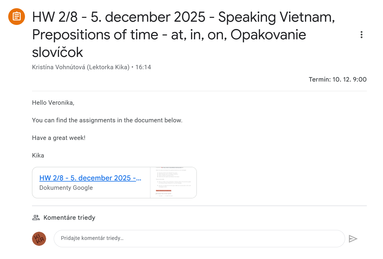 Screenshot of a language learning lesson about Present Simple tense, journaling, and listening, including a YouTube video thumbnail about Tom's daily routine.