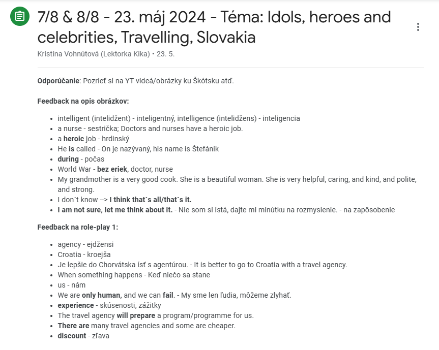 Screenshot of a document discussing topics related to idols, heroes, and celebrities, traveling in Slovakia, with section headings, bullet points, and example sentences.