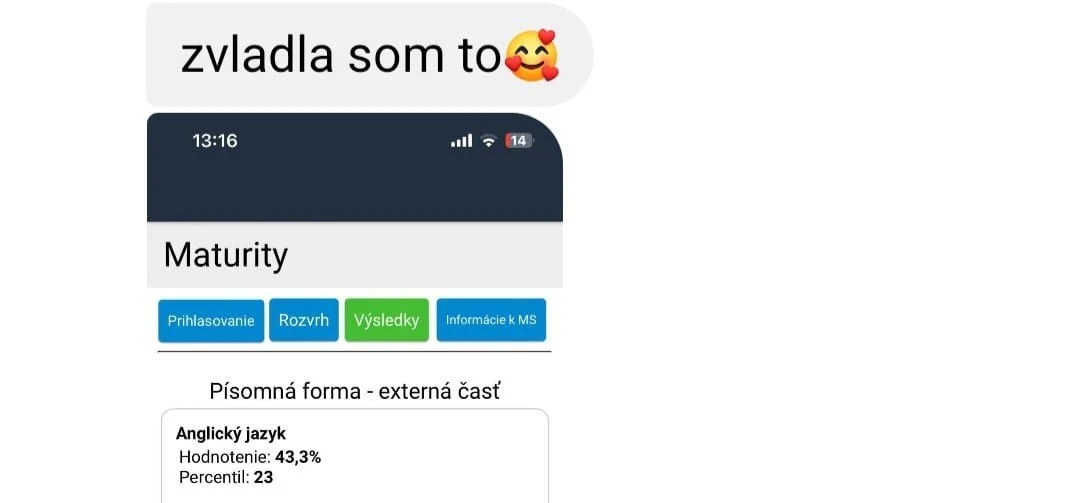 Screenshot of a mobile app displaying exam results with the title "Maturity" and an English language score of 43.3%.