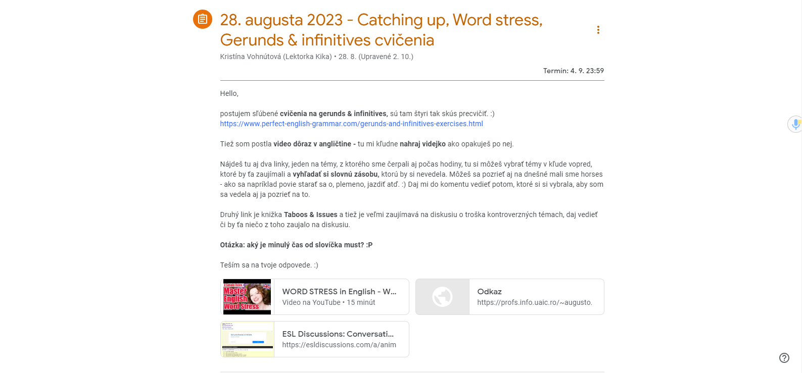 Screenshot of an online Slovak language learning class webpage about practicing gerunds and infinitives in English, with links to videos and discussion topics.