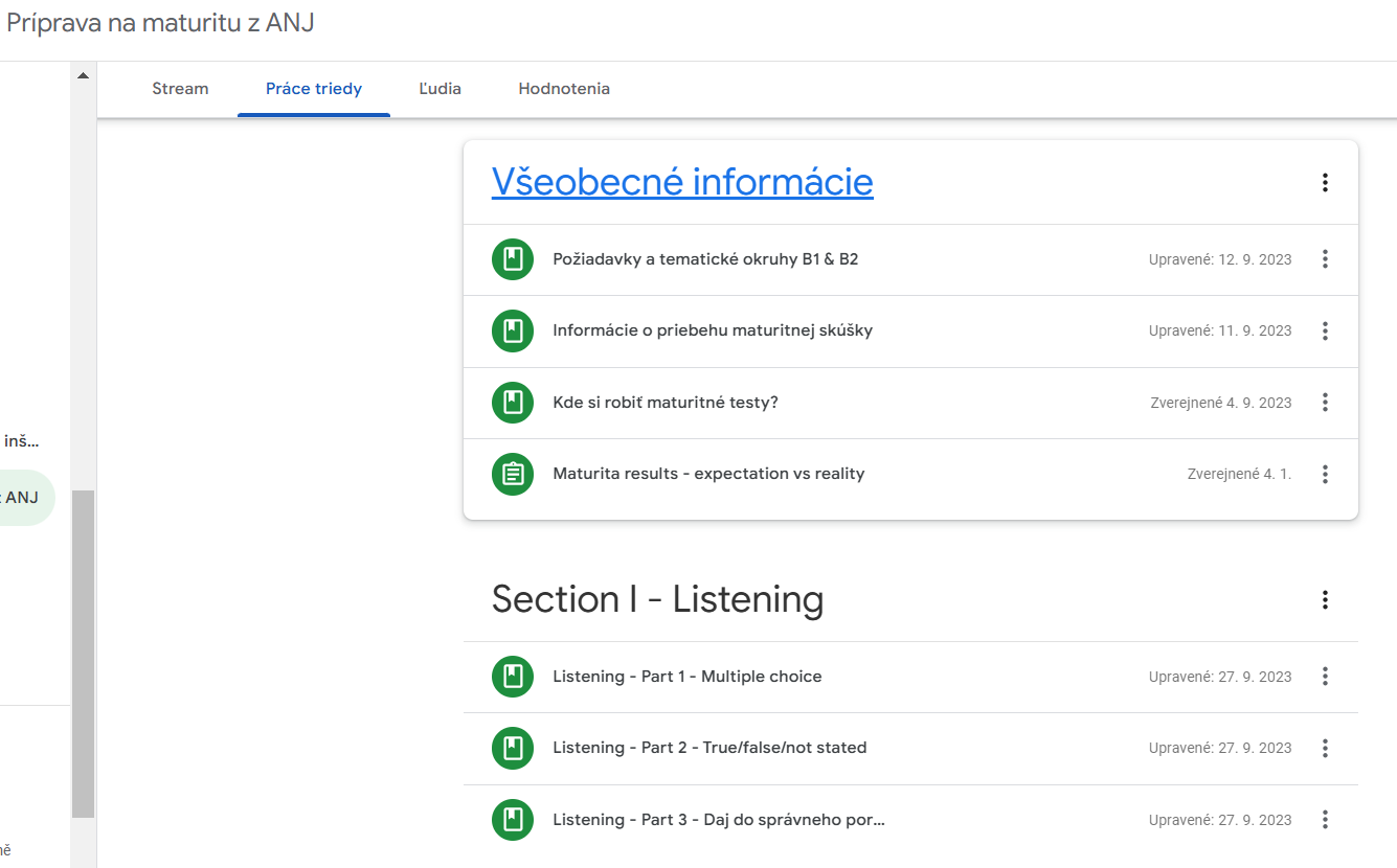 Screenshot of an online learning platform in Slovak language, showing sections for preparation for high school graduation exams, including general information and listening practice tests.