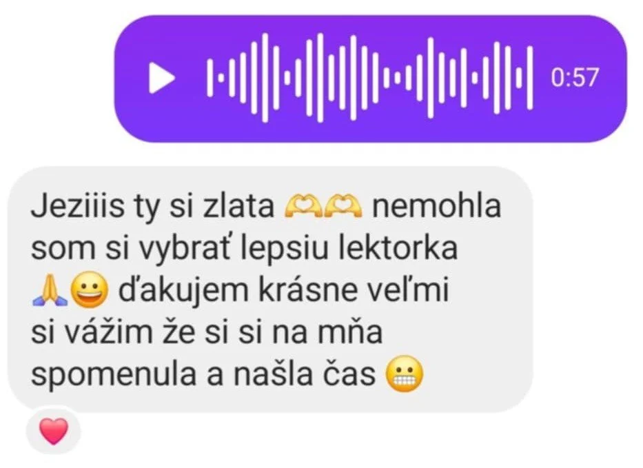 Screenshot of a messaging app showing a voice message and a text message in Slovak expressing gratitude, happiness, and appreciation for a teacher, with emojis including smiley faces, prayer hands, a pink heart, and grinning face.