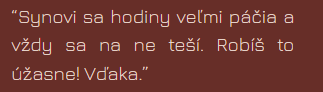 A quote in Slovak on a brown background, praising synovia for their dedication and calling their work wonderful.