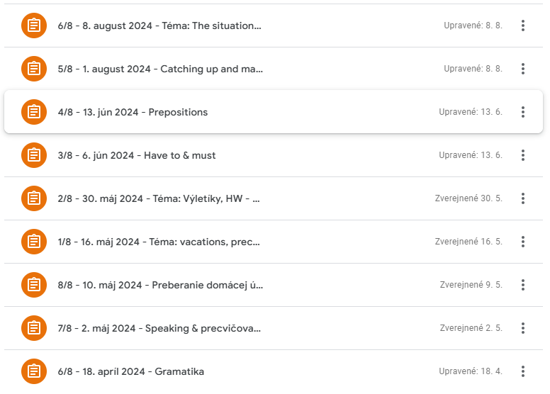 List of scheduled classes and topics with dates, including themes like the situation, catching up, prepositions, have to and must, travel, vacations, homework, speaking practice, and grammar.