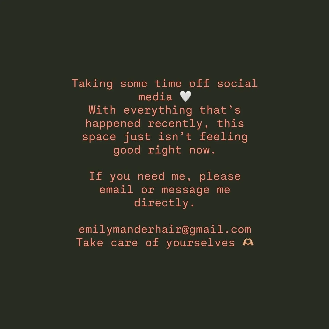 This has been breaking my heart to come on here and see so much pain shared in one place.

With everything that&rsquo;s happened so close to home, I&rsquo;m taking some time away from social media.

I&rsquo;ll be back in a few days I hope 🫶🏼🫶🏼🫶?