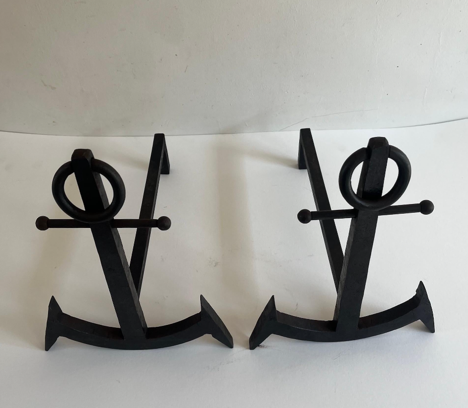 French Pair of Anchor Metal Fire Place Andirons, circa 1950