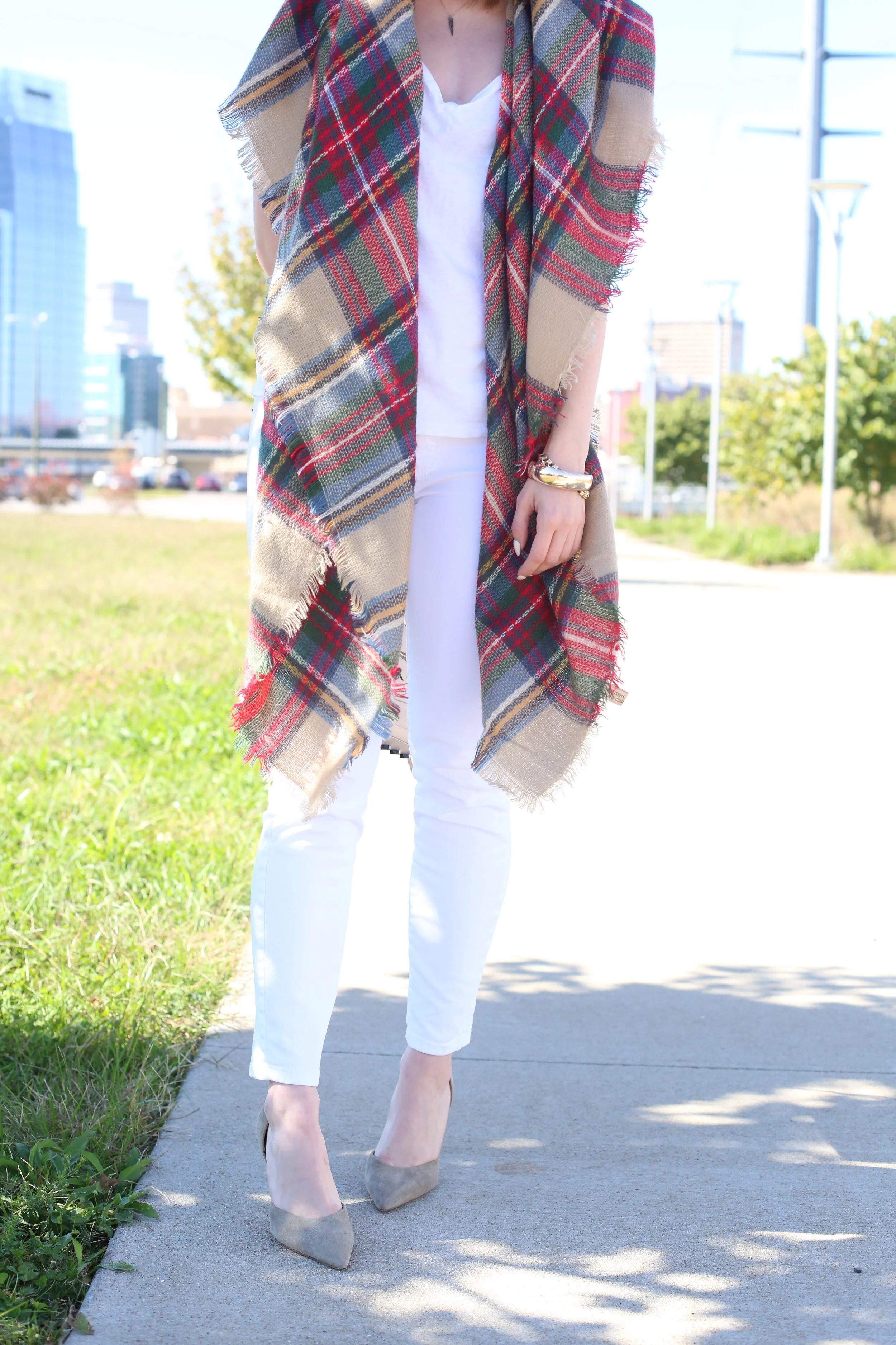 outfit: all white with plaid